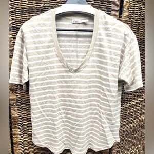 Faherty- Beige Striped Women's Top, Linen- Oceanside V neck,‎ Small